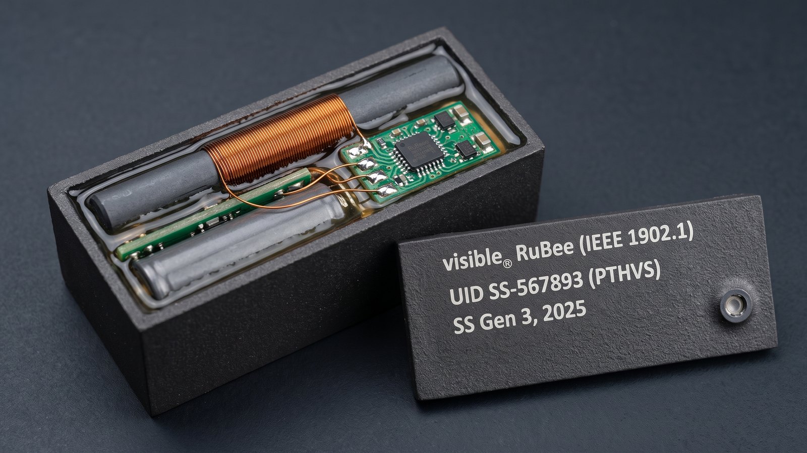 Gen3 SuperSensor with its lid removed: ferrite rod antenna wound with magnet wire, circuit board with the RuBee IC and sensors, lithium cell, all set in epoxy; the lid beside it carries the visible RuBee label